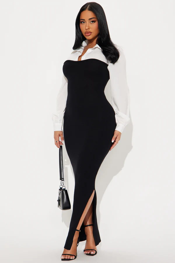 Maya Contrast Sweater Maxi Dress - Black/White